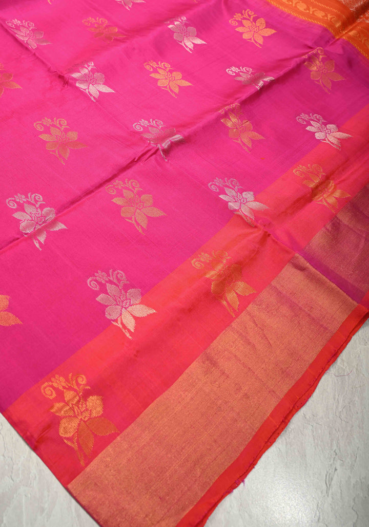 Rani Pink Sona Rupa Zari Buttas on Uppada Handloom Silk Saree with Panel and Tissue Border | SILK MARK CERTIFIED
