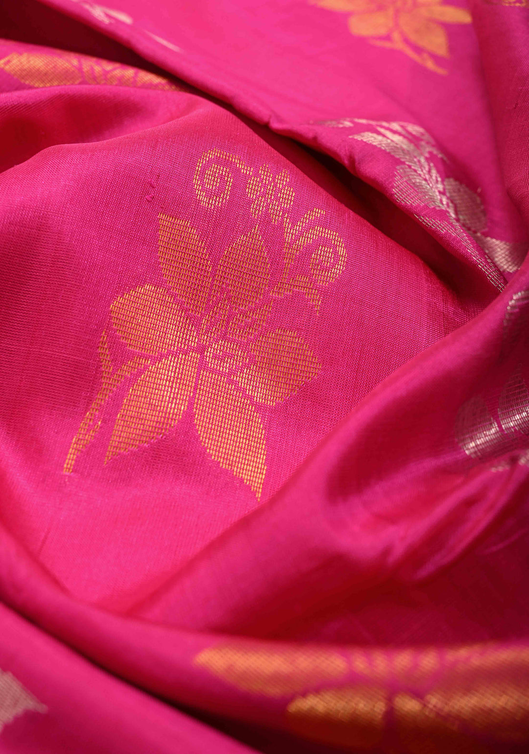 Rani Pink Sona Rupa Zari Buttas on Uppada Handloom Silk Saree with Panel and Tissue Border | SILK MARK CERTIFIED