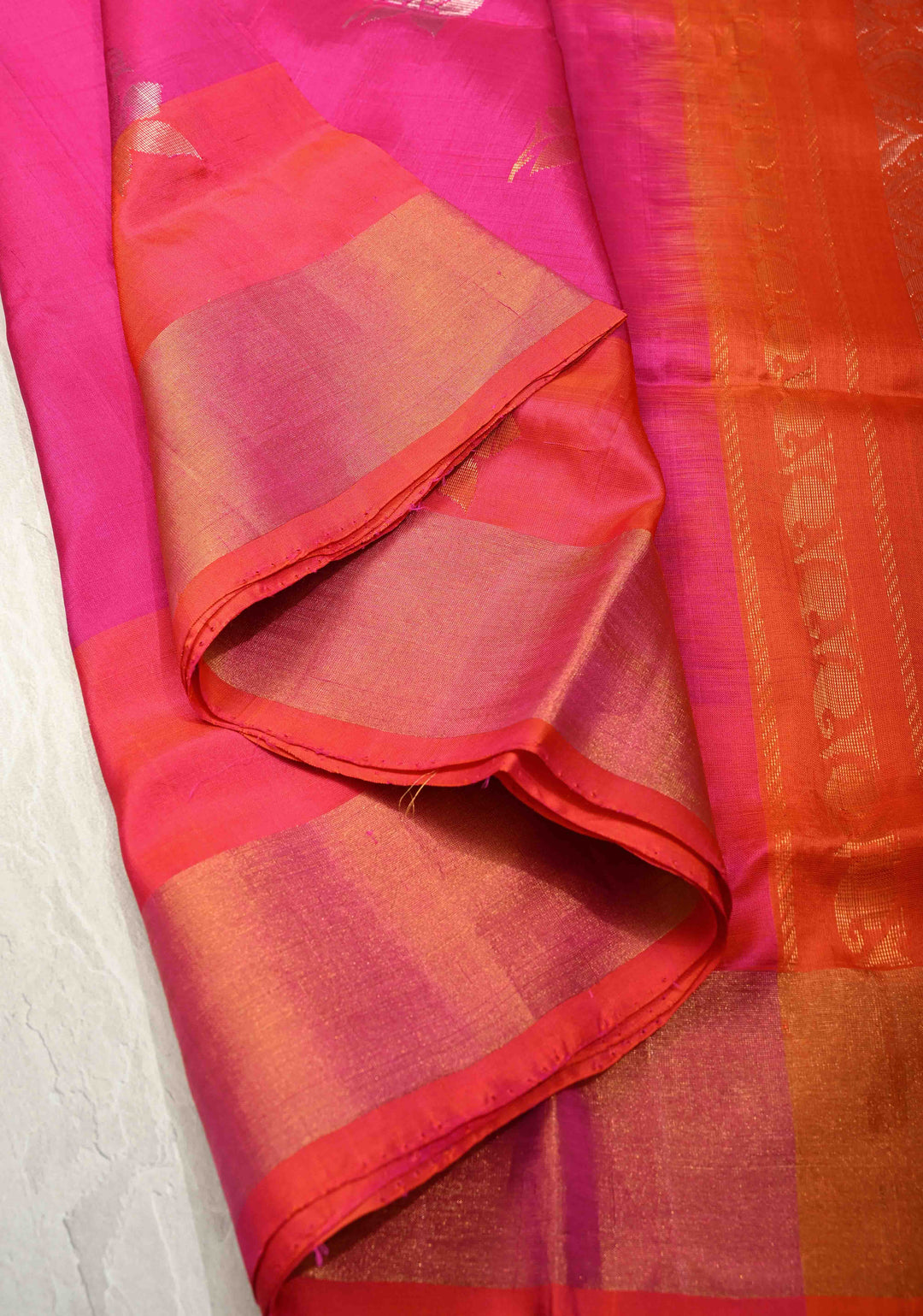 Rani Pink Sona Rupa Zari Buttas on Uppada Handloom Silk Saree with Panel and Tissue Border | SILK MARK CERTIFIED