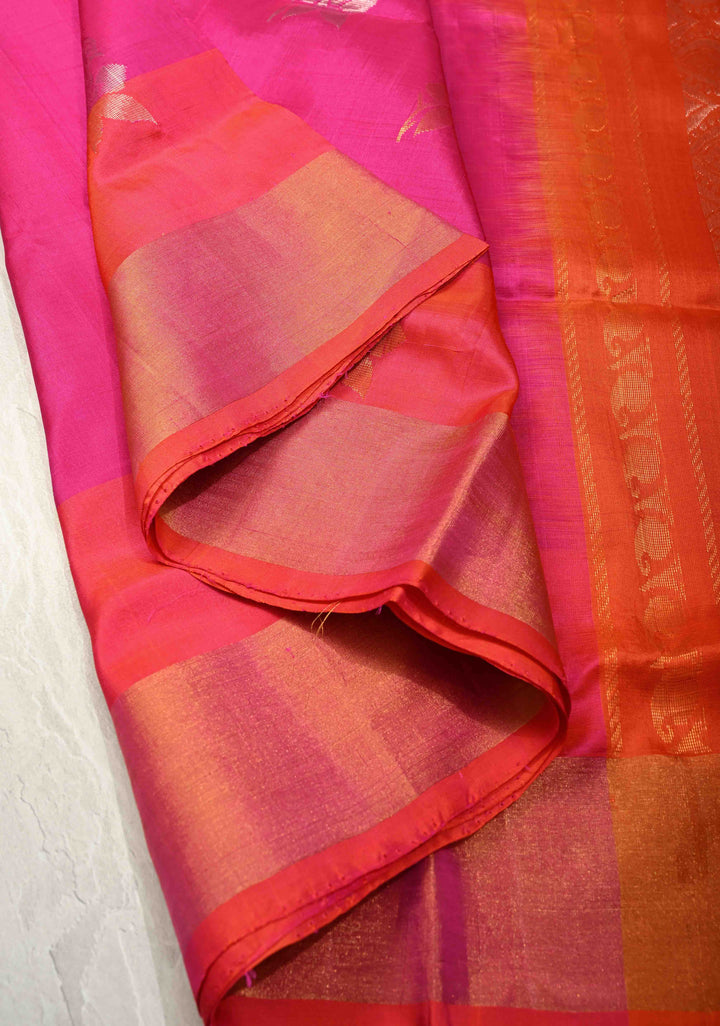 Rani Pink Sona Rupa Zari Buttas on Uppada Handloom Silk Saree with Panel and Tissue Border | SILK MARK CERTIFIED