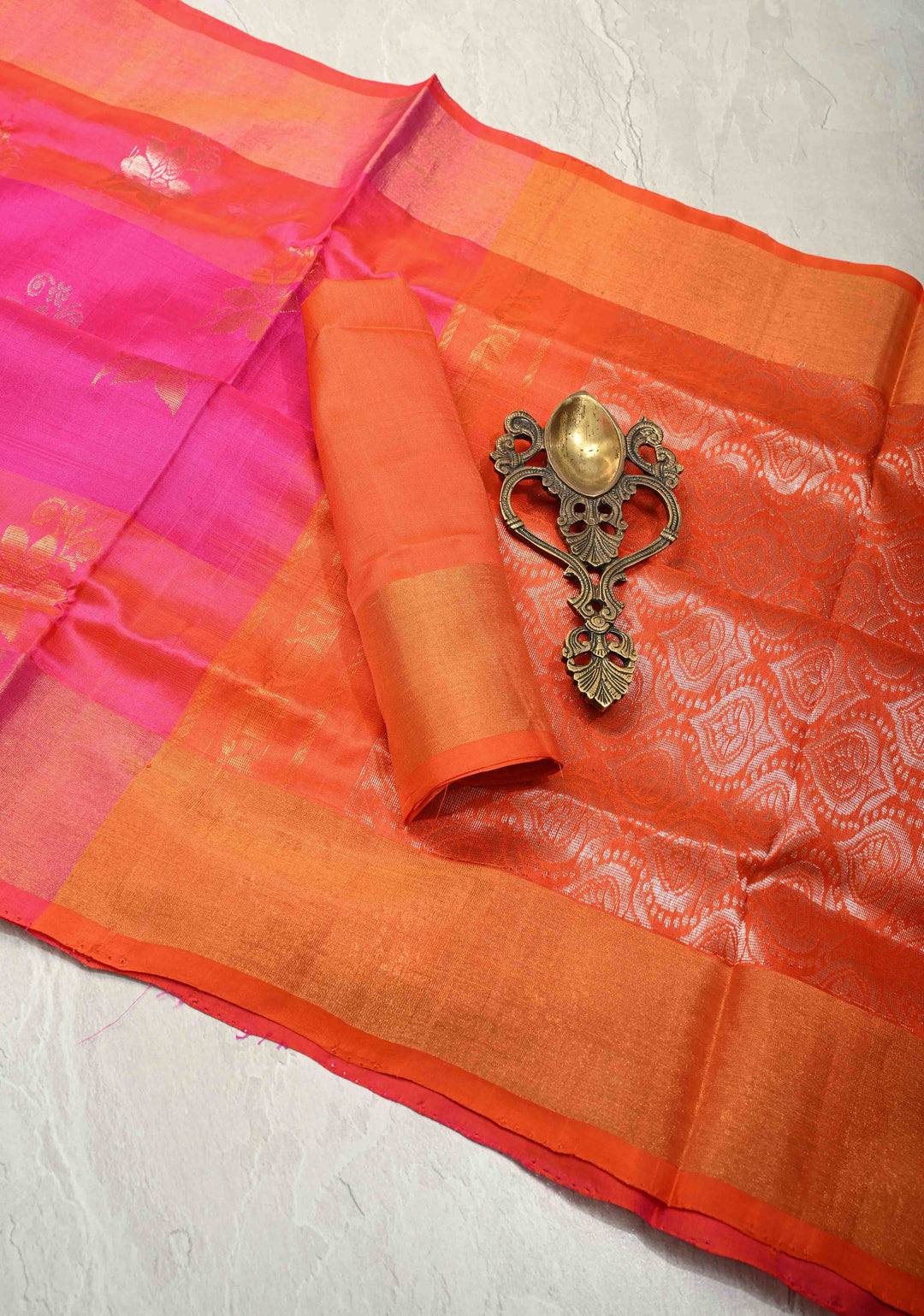 Rani Pink Sona Rupa Zari Buttas on Uppada Handloom Silk Saree with Panel and Tissue Border | SILK MARK CERTIFIED