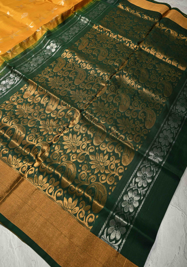 Mustard Yellow Sona Rupa Zari Stripes Buttas on Uppada Handloom Silk Saree with Panel and Tissue Border | SILK MARK CERTIFIED