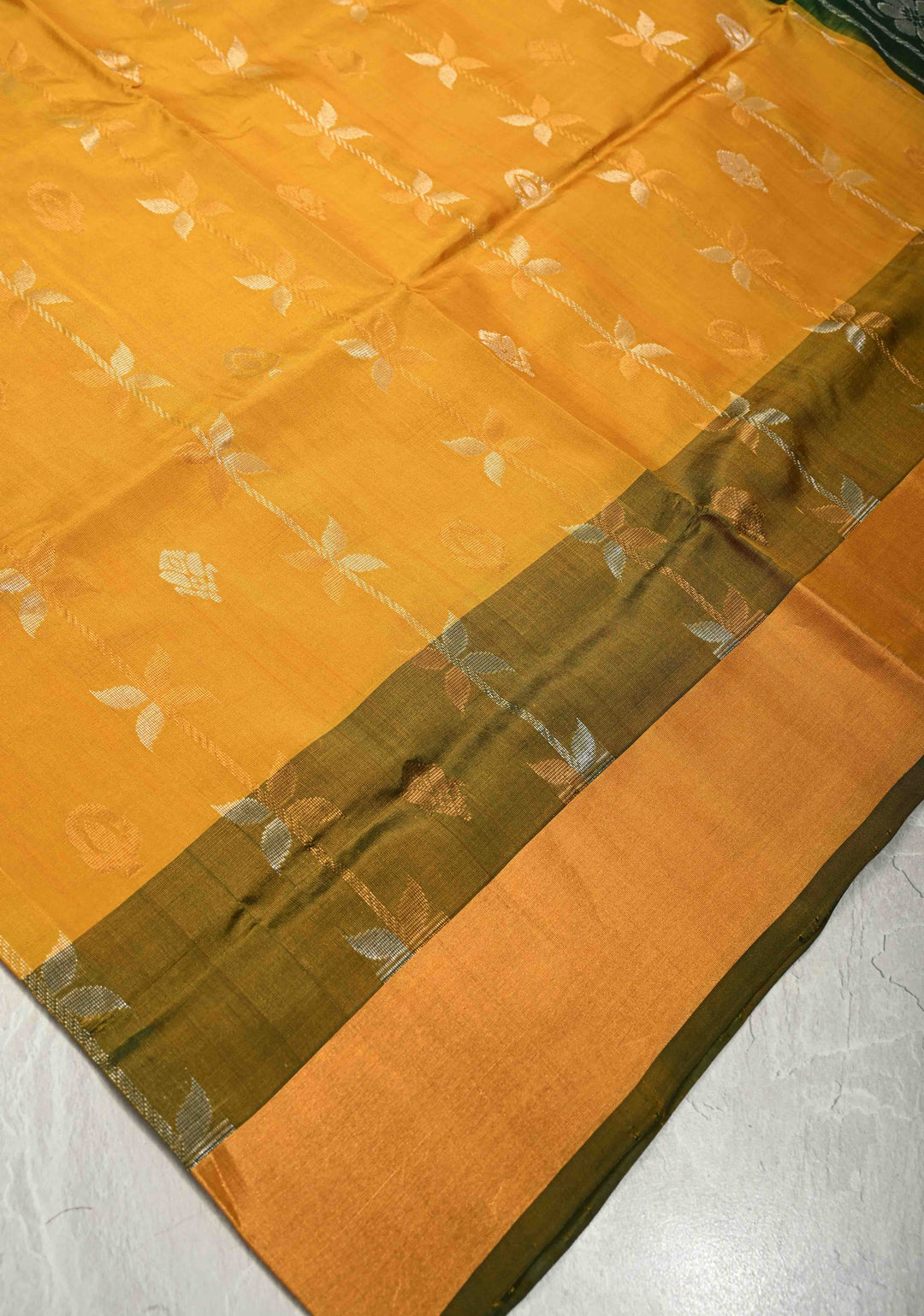 Mustard Yellow Sona Rupa Zari Stripes Buttas on Uppada Handloom Silk Saree with Panel and Tissue Border | SILK MARK CERTIFIED