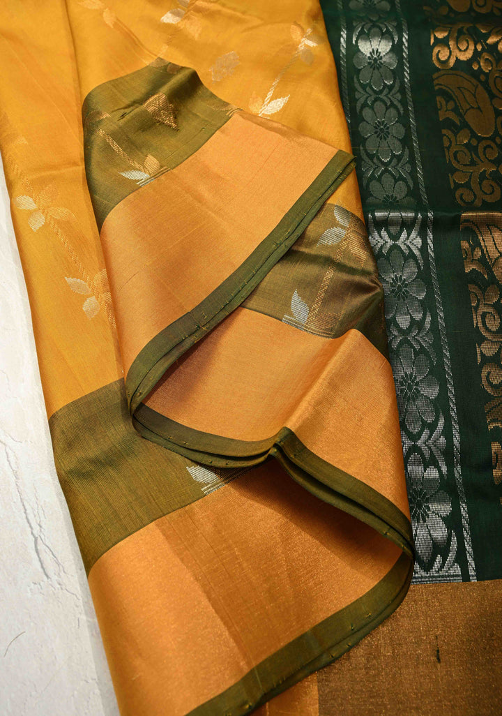 Mustard Yellow Sona Rupa Zari Stripes Buttas on Uppada Handloom Silk Saree with Panel and Tissue Border | SILK MARK CERTIFIED