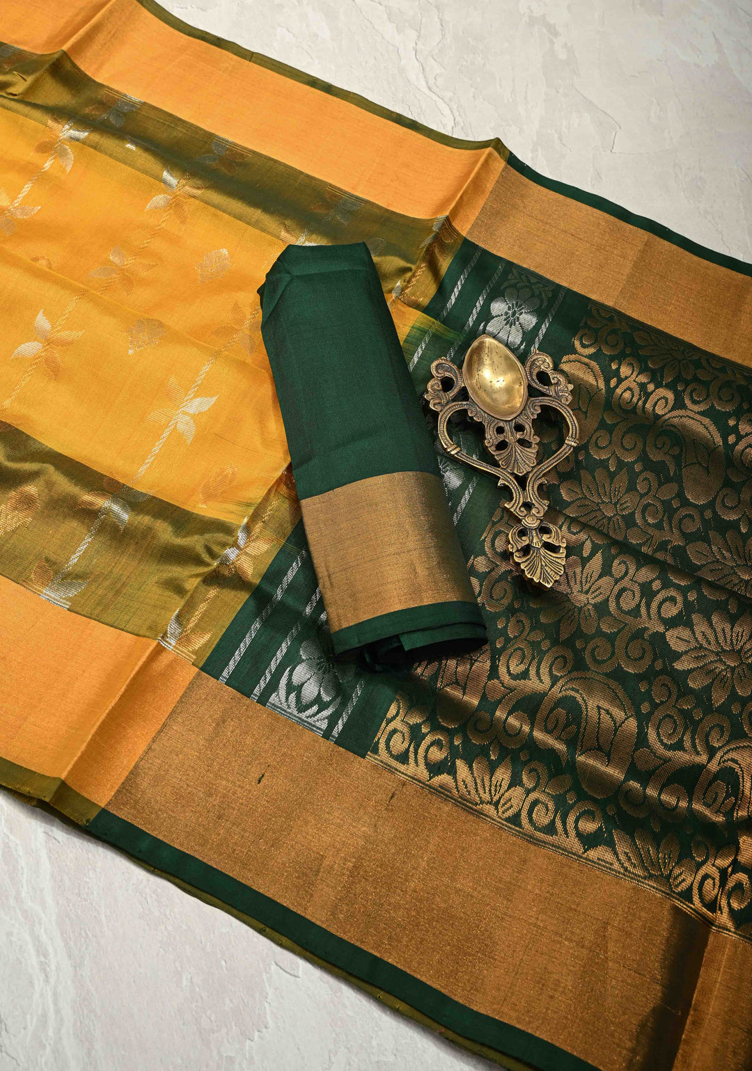 Mustard Yellow Sona Rupa Zari Stripes Buttas on Uppada Handloom Silk Saree with Panel and Tissue Border | SILK MARK CERTIFIED