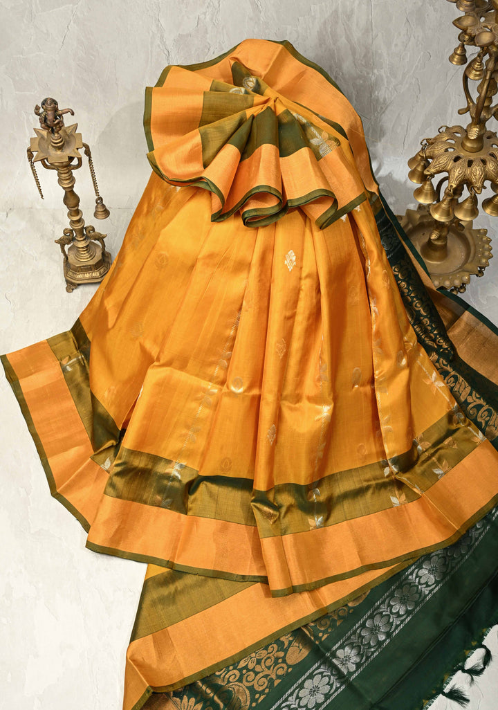 Mustard Yellow Sona Rupa Zari Stripes Buttas on Uppada Handloom Silk Saree with Panel and Tissue Border | SILK MARK CERTIFIED