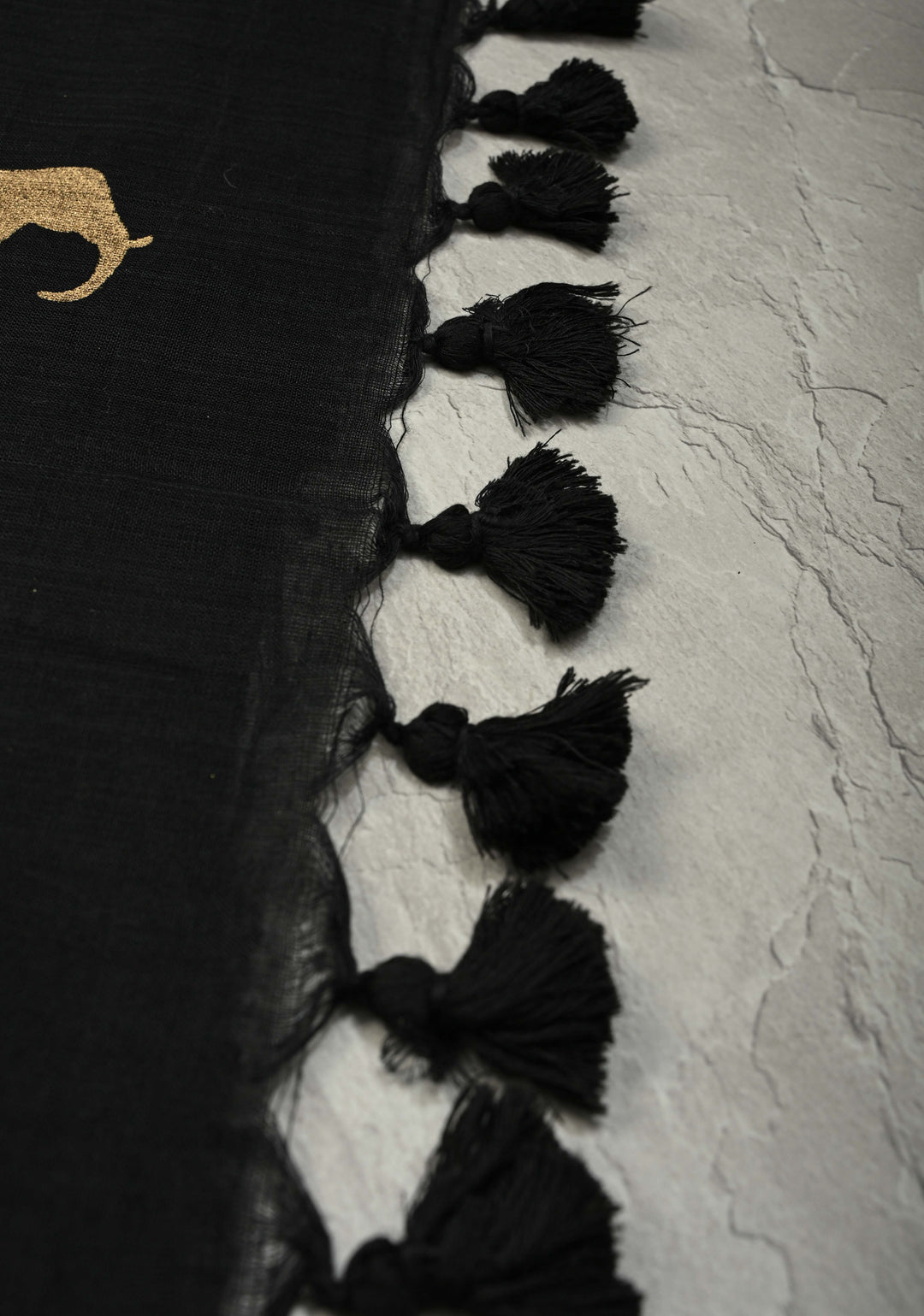 Black Uppada  Cotton Saree with Elephant Blcok Print Buttas and Minimal Border