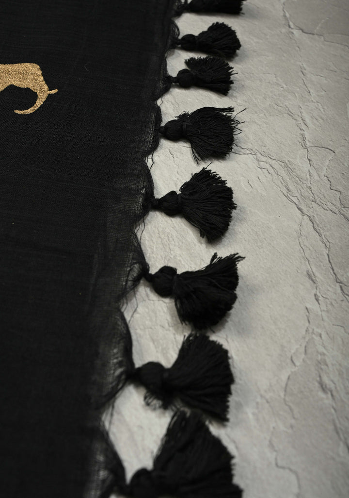 Black Uppada  Cotton Saree with Elephant Blcok Print Buttas and Minimal Border