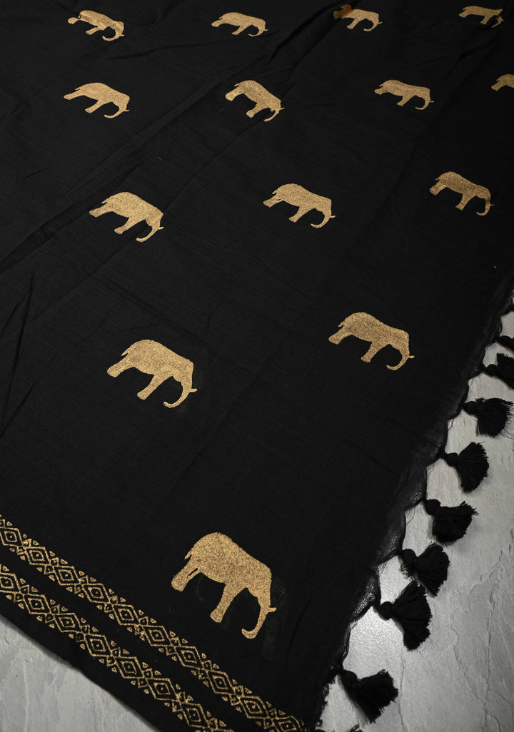 Black Uppada  Cotton Saree with Elephant Blcok Print Buttas and Minimal Border