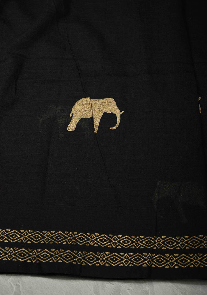 Black Uppada  Cotton Saree with Elephant Blcok Print Buttas and Minimal Border