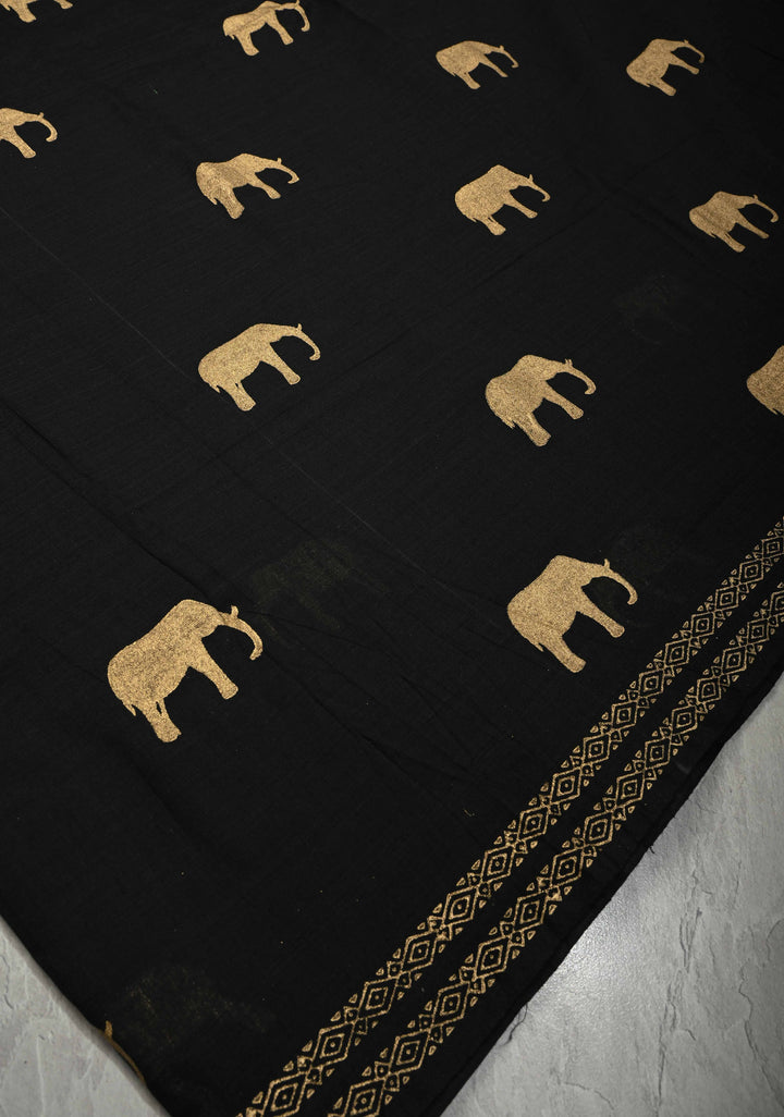 Black Uppada  Cotton Saree with Elephant Blcok Print Buttas and Minimal Border