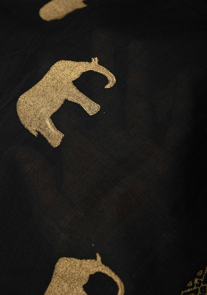 Black Uppada  Cotton Saree with Elephant Blcok Print Buttas and Minimal Border