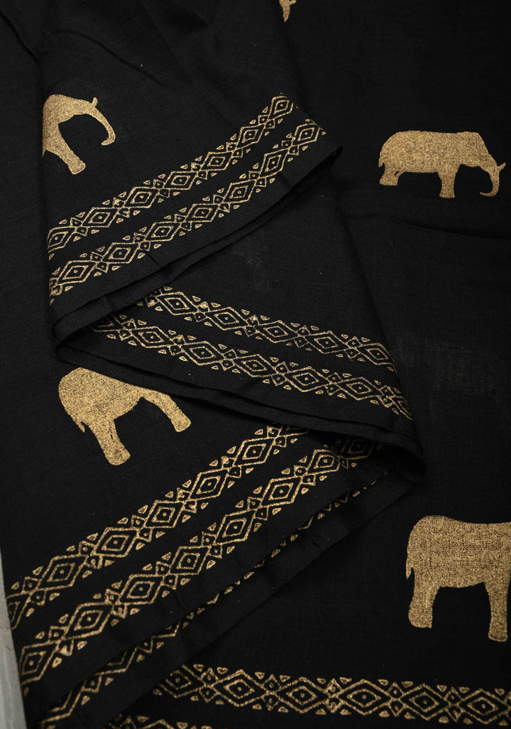 Black Uppada  Cotton Saree with Elephant Blcok Print Buttas and Minimal Border