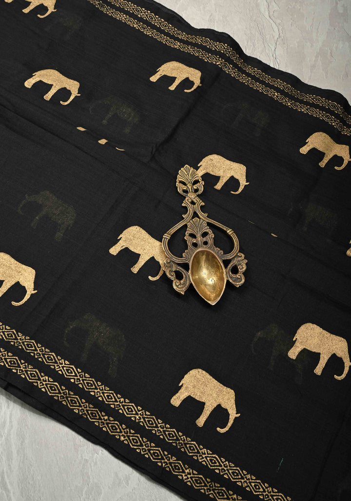 Black Uppada  Cotton Saree with Elephant Blcok Print Buttas and Minimal Border