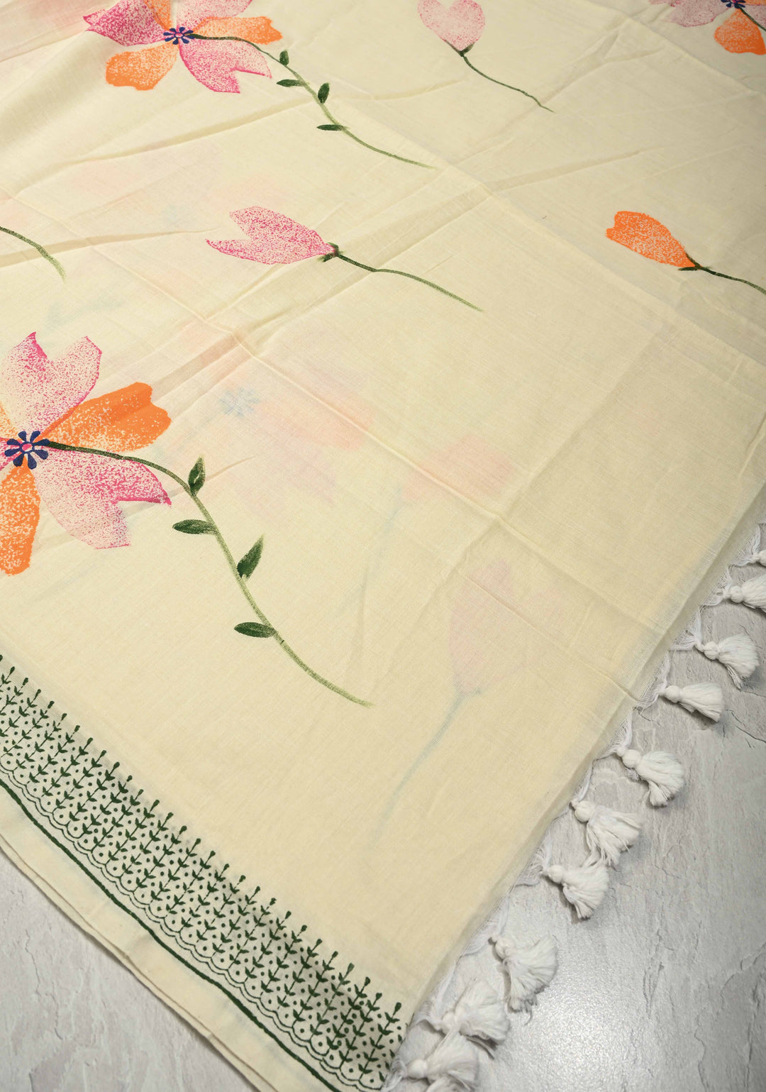 Ivory Uppada Handloom Cotton Saree with Hand painted Floral Design and Border