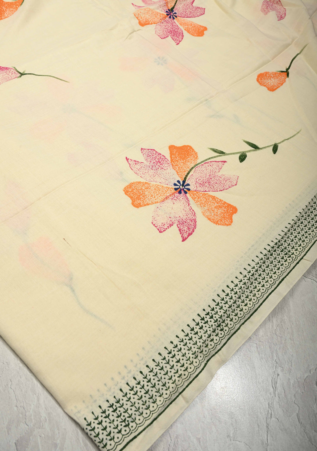Ivory Uppada Handloom Cotton Saree with Hand painted Floral Design and Border