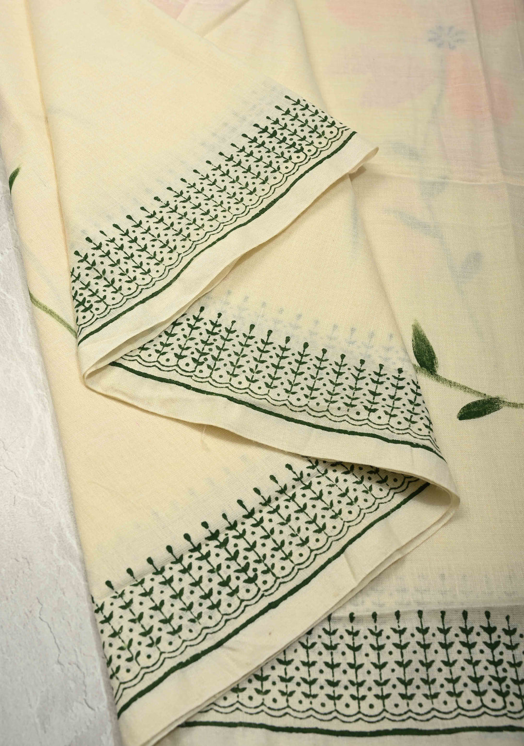 Ivory Uppada Handloom Cotton Saree with Hand painted Floral Design and Border