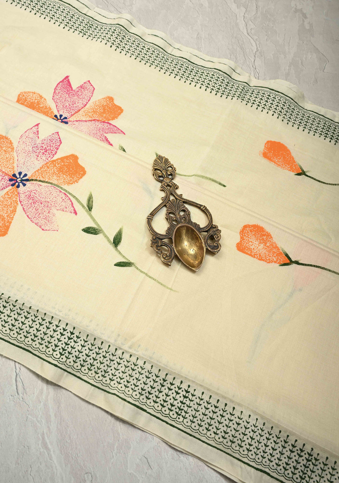 Ivory Uppada Handloom Cotton Saree with Hand painted Floral Design and Border
