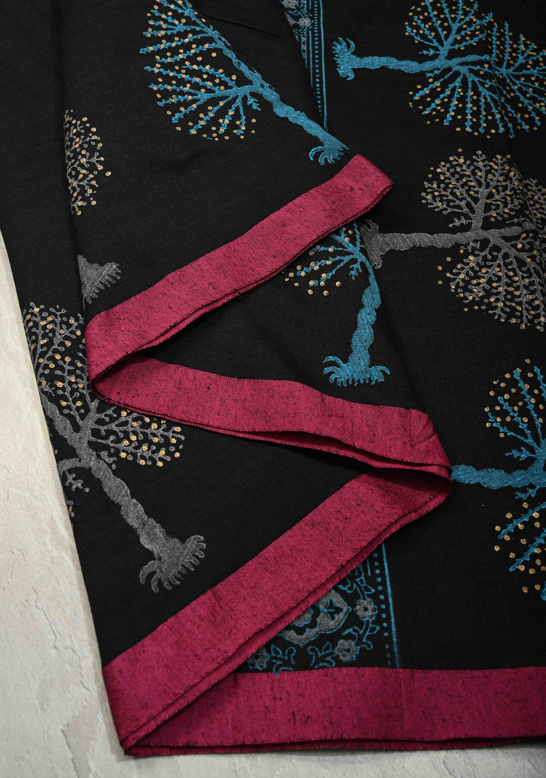 Black Uppada Handloom Cotton Saree with Tree of life Buttas on Minimal Border-Pallu and Long Tassels