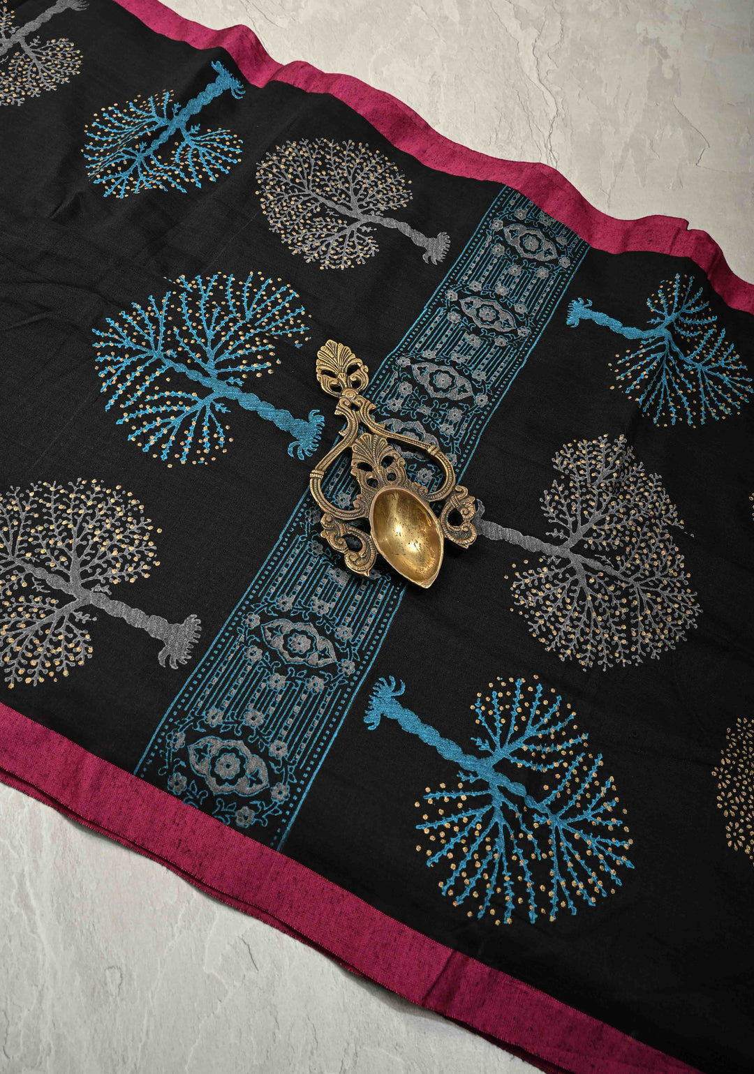 Black Uppada Handloom Cotton Saree with Tree of life Buttas on Minimal Border-Pallu and Long Tassels
