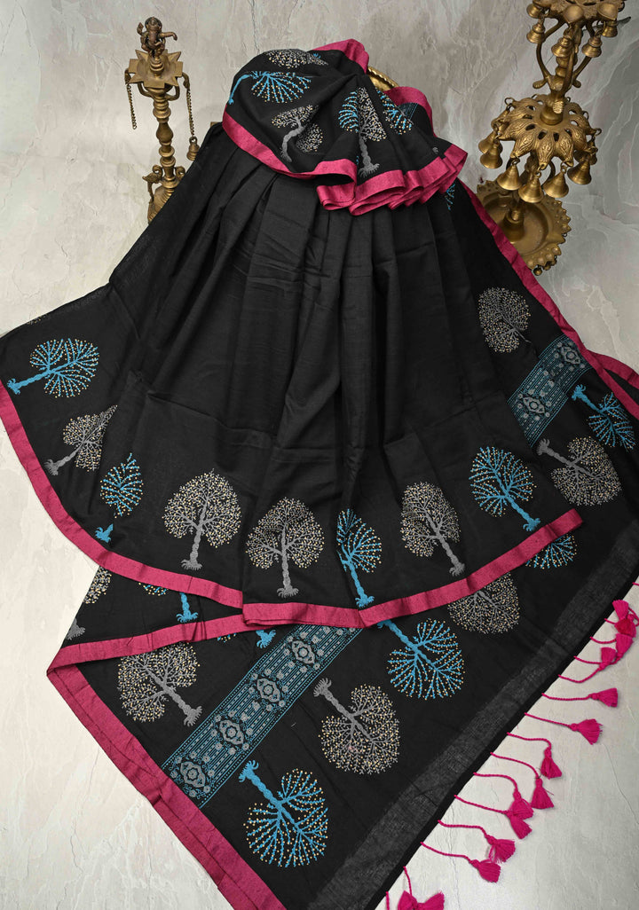 Black Uppada Handloom Cotton Saree with Tree of life Buttas on Minimal Border-Pallu and Long Tassels