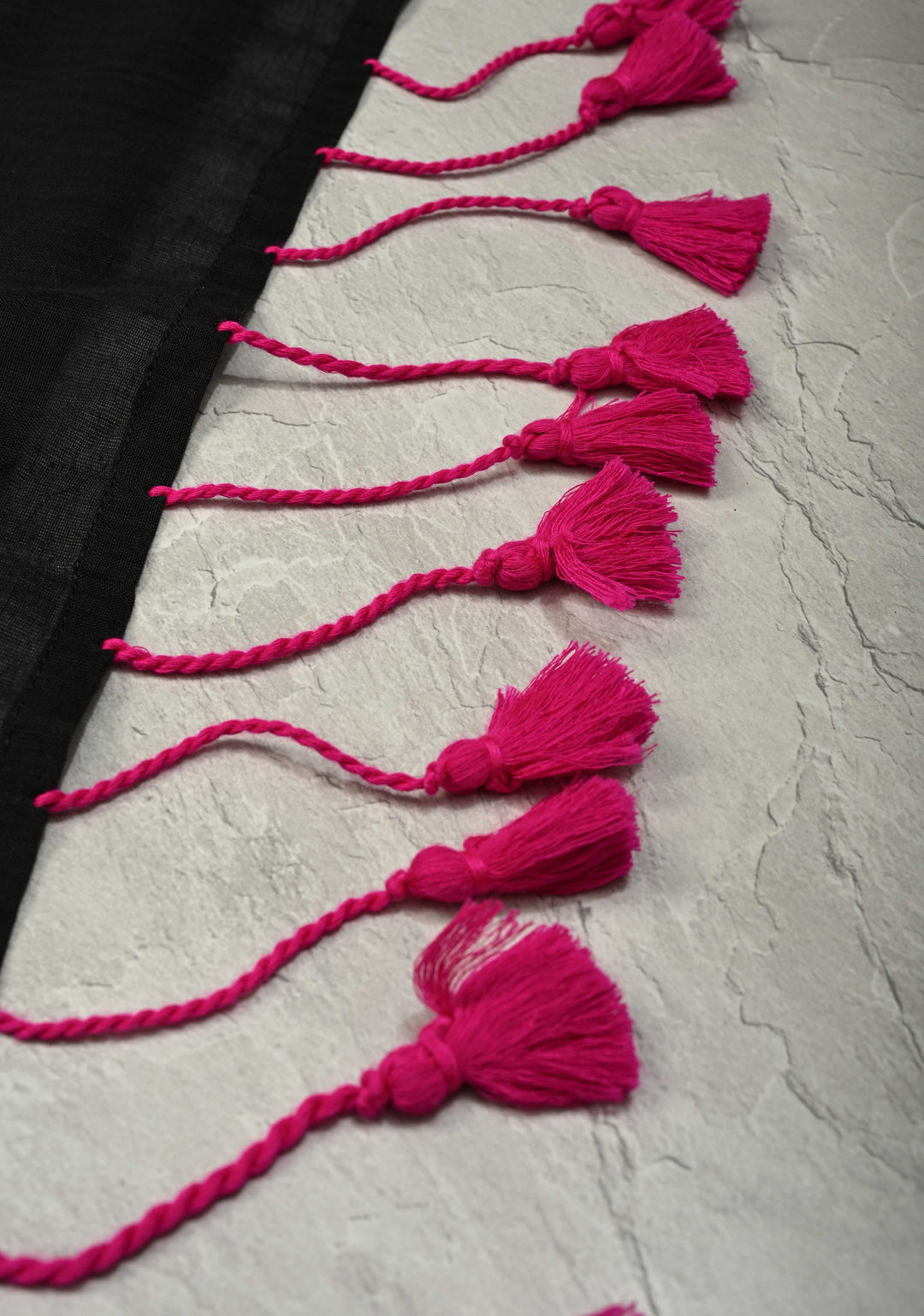 Black Uppada Handloom Cotton Saree with Tree of life Buttas on Minimal Border-Pallu and Long Tassels