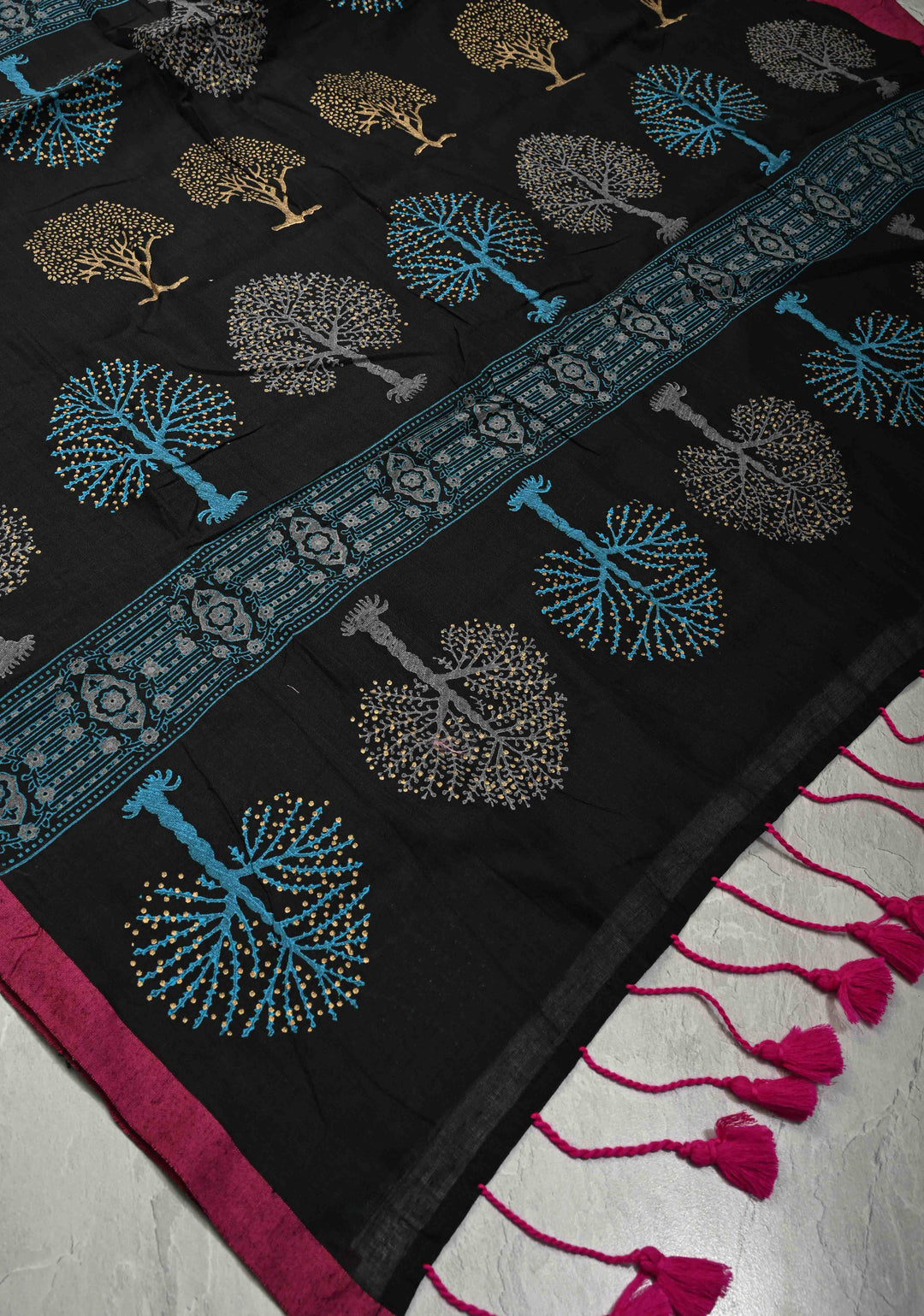 Black Uppada Handloom Cotton Saree with Tree of life Buttas on Minimal Border-Pallu and Long Tassels
