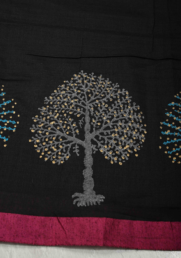 Black Uppada Handloom Cotton Saree with Tree of life Buttas on Minimal Border-Pallu and Long Tassels