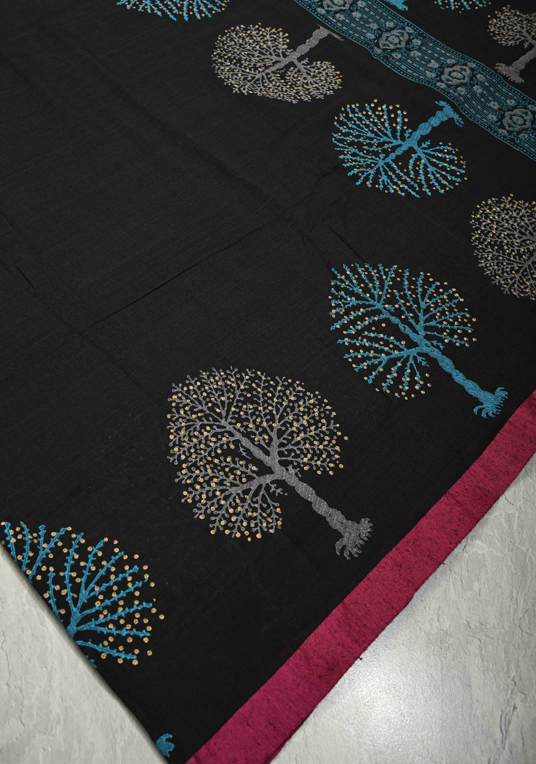 Black Uppada Handloom Cotton Saree with Tree of life Buttas on Minimal Border-Pallu and Long Tassels