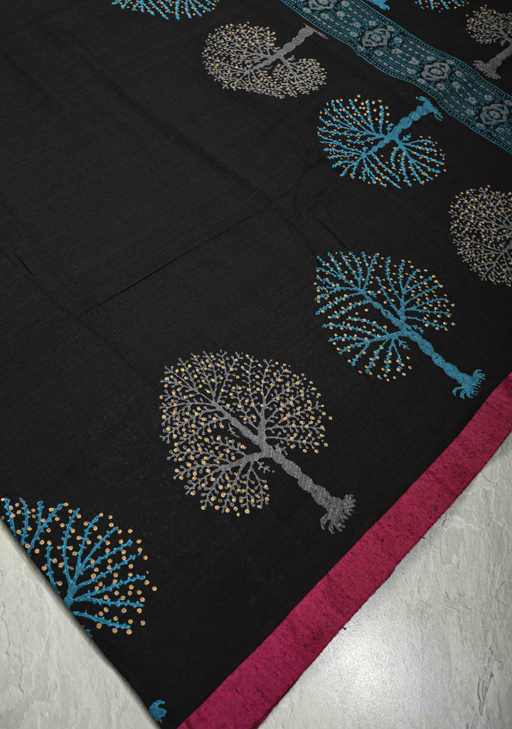 Black Uppada Handloom Cotton Saree with Tree of life Buttas on Minimal Border-Pallu and Long Tassels