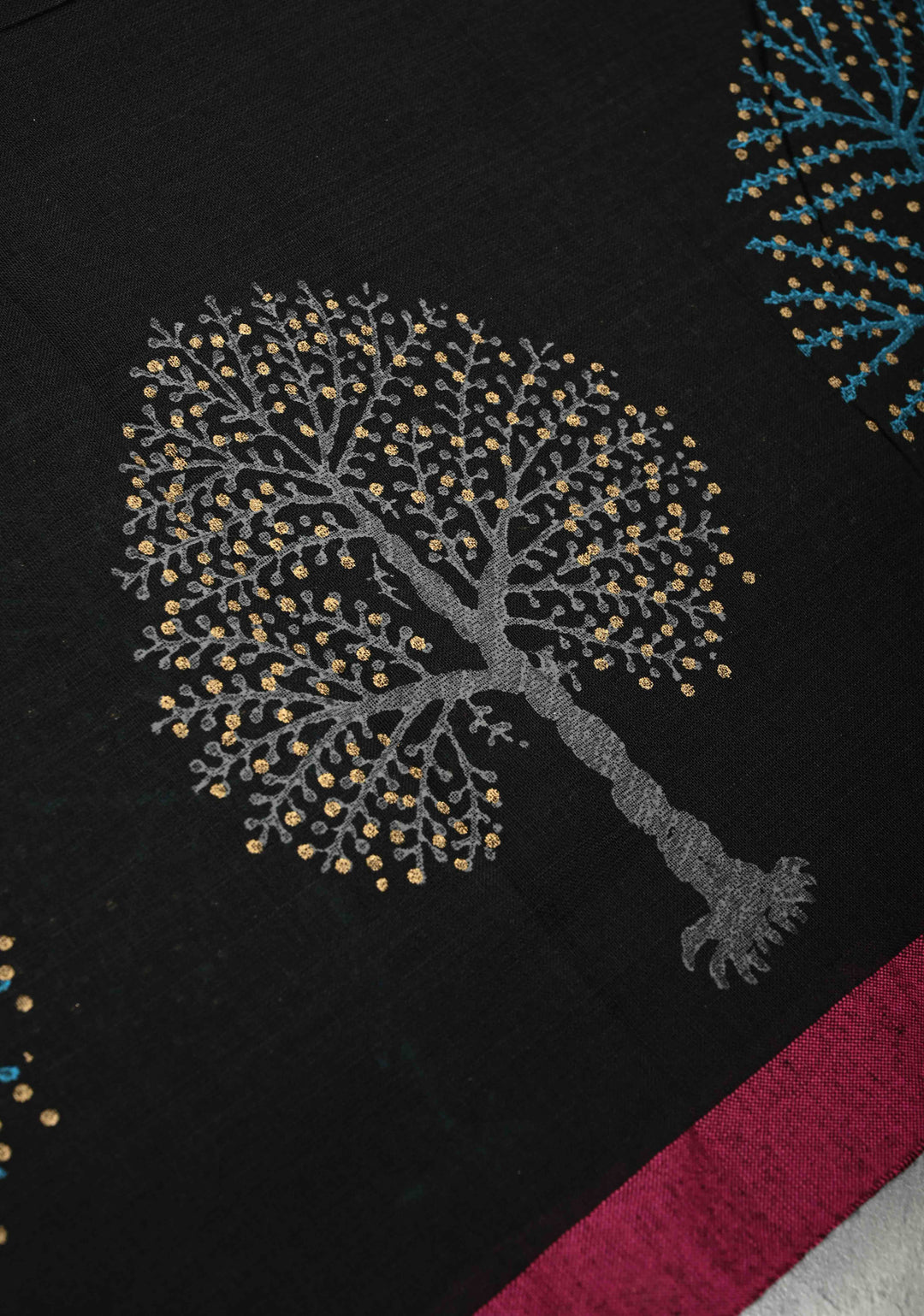 Black Uppada Handloom Cotton Saree with Tree of life Buttas on Minimal Border-Pallu and Long Tassels