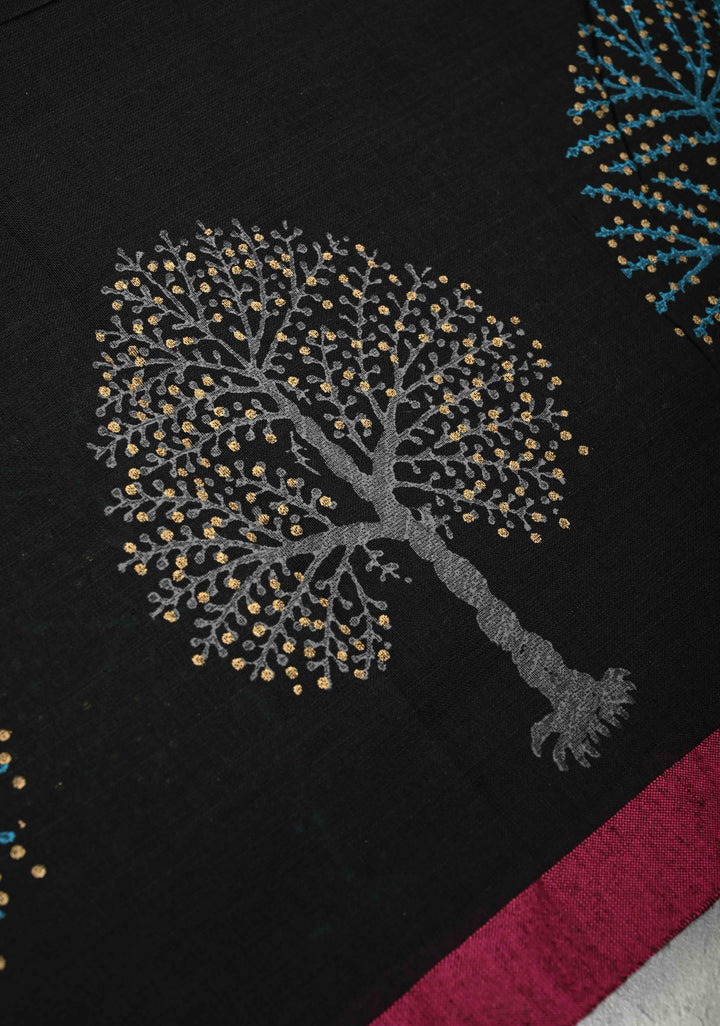 Black Uppada Handloom Cotton Saree with Tree of life Buttas on Minimal Border-Pallu and Long Tassels