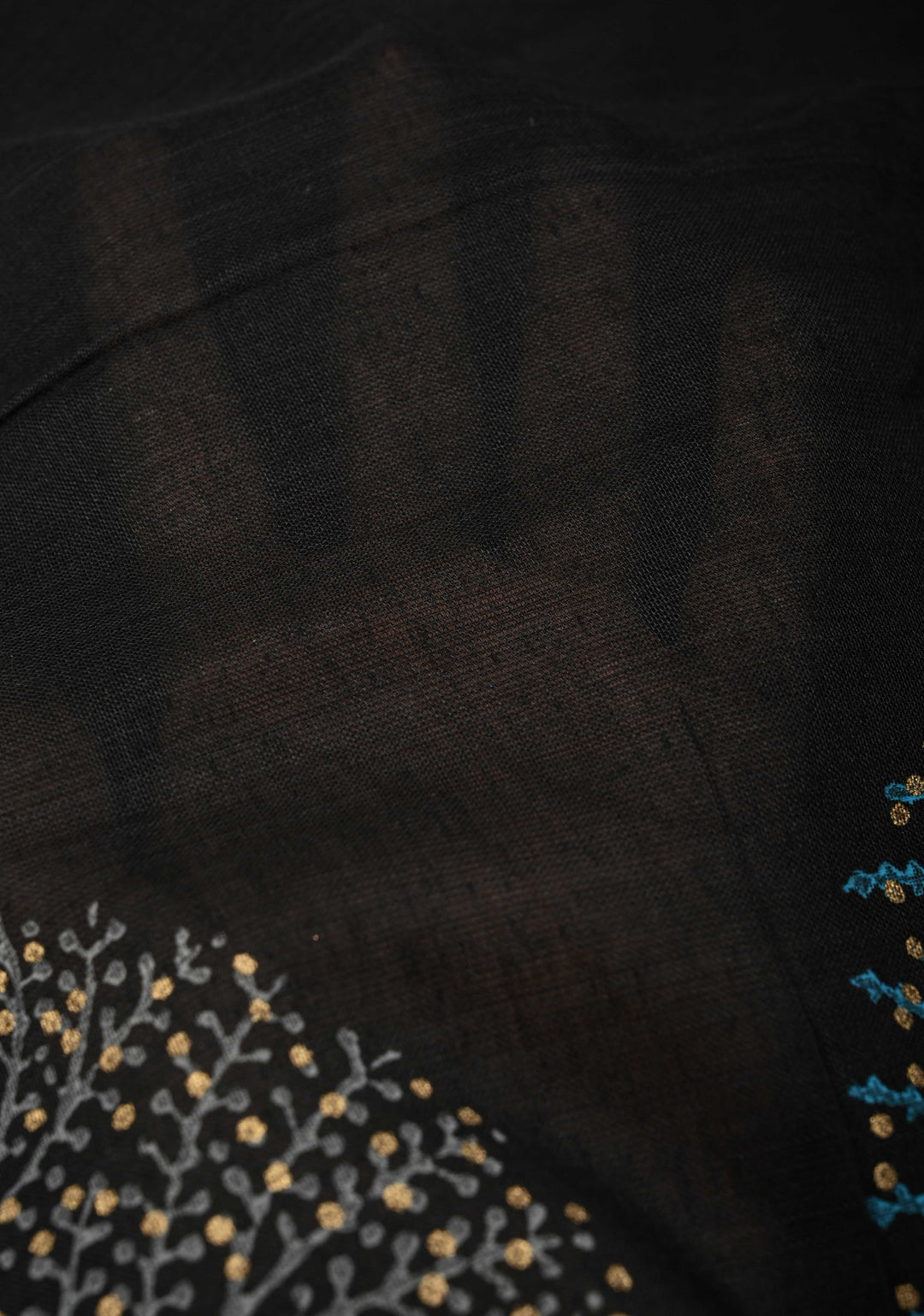 Black Uppada Handloom Cotton Saree with Tree of life Buttas on Minimal Border-Pallu and Long Tassels