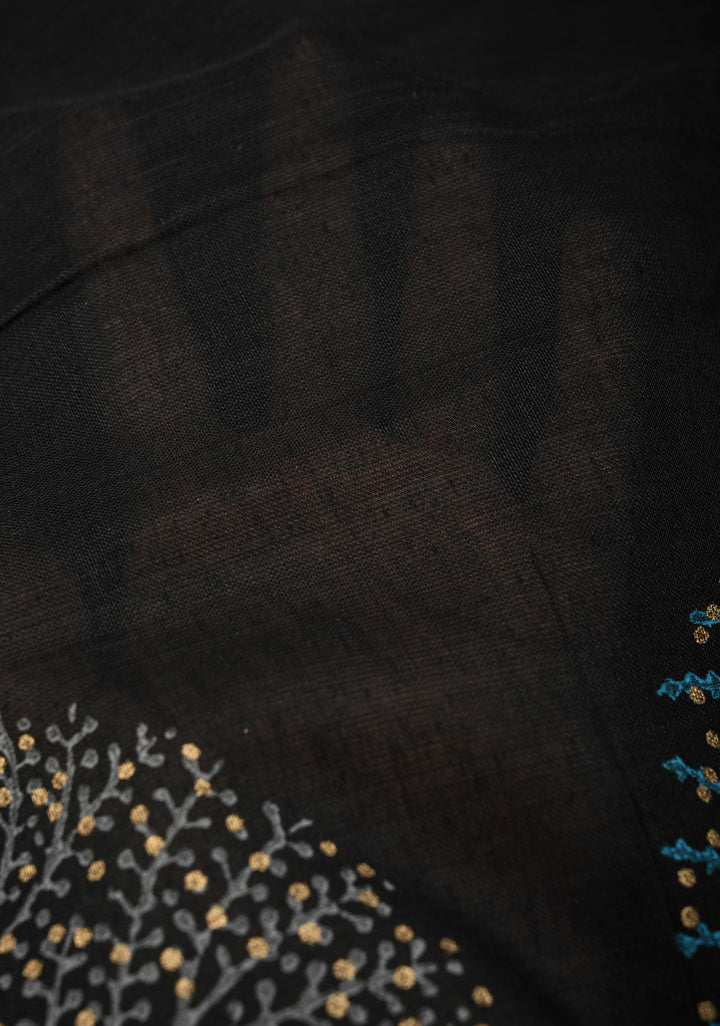 Black Uppada Handloom Cotton Saree with Tree of life Buttas on Minimal Border-Pallu and Long Tassels