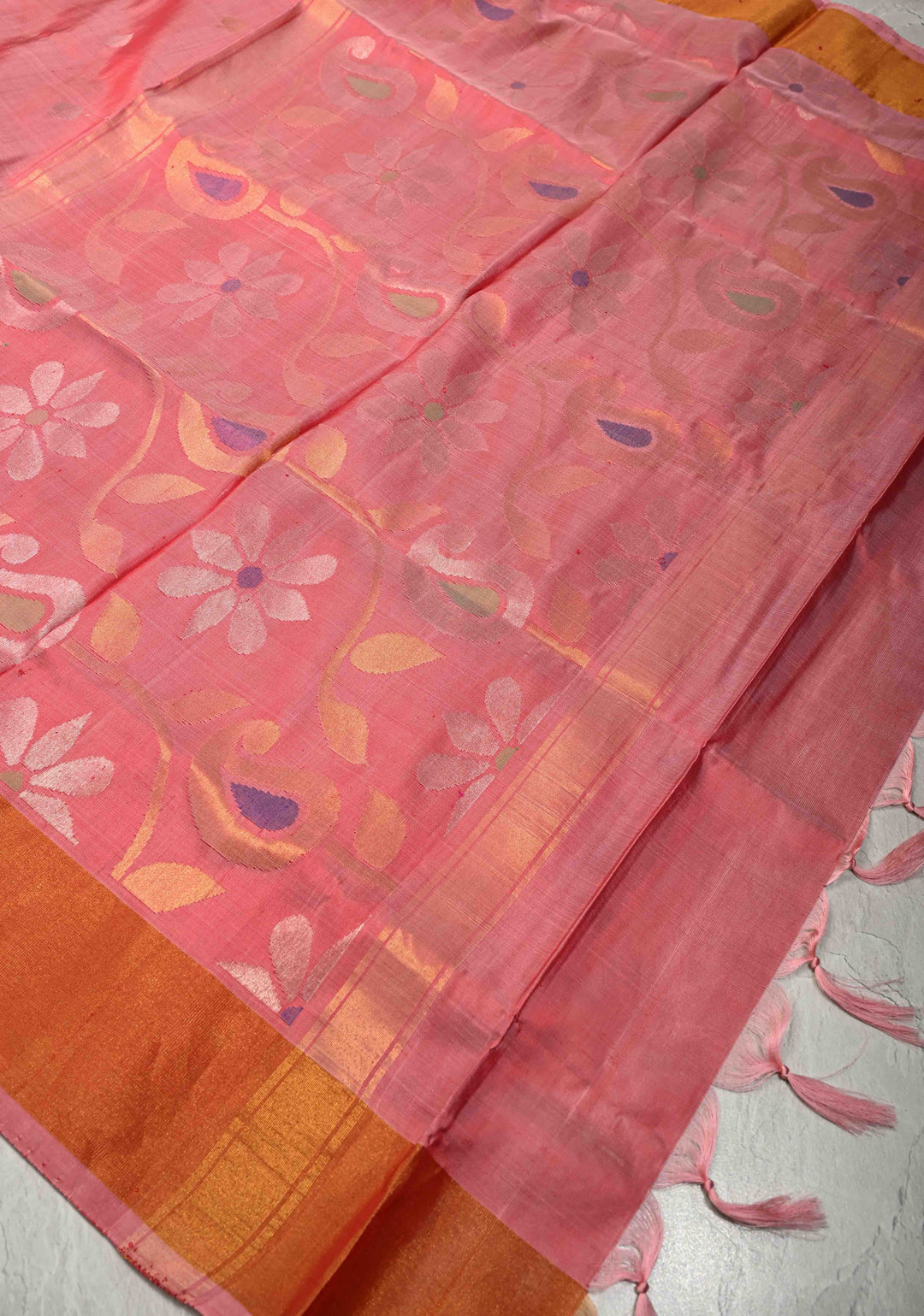 Dusty Rose Pink Dual Tone  Uppada Handloom Silk Saree with Sona Rupa Zari Buttas and Tissue Border | SILK MARK CERTIFIED
