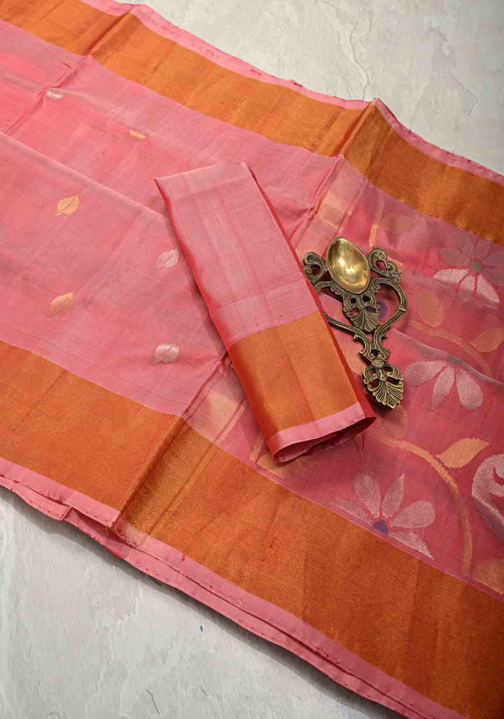 Dusty Rose Pink Dual Tone  Uppada Handloom Silk Saree with Sona Rupa Zari Buttas and Tissue Border | SILK MARK CERTIFIED