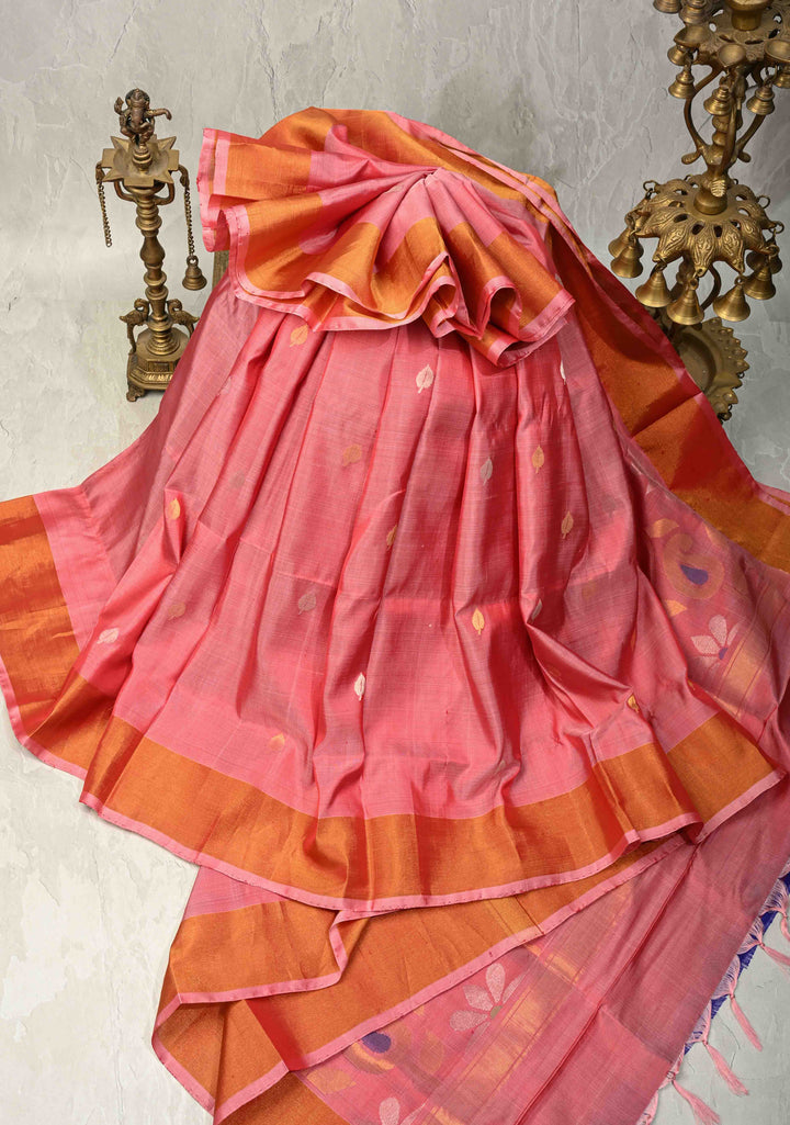 Dusty Rose Pink Dual Tone  Uppada Handloom Silk Saree with Sona Rupa Zari Buttas and Tissue Border | SILK MARK CERTIFIED