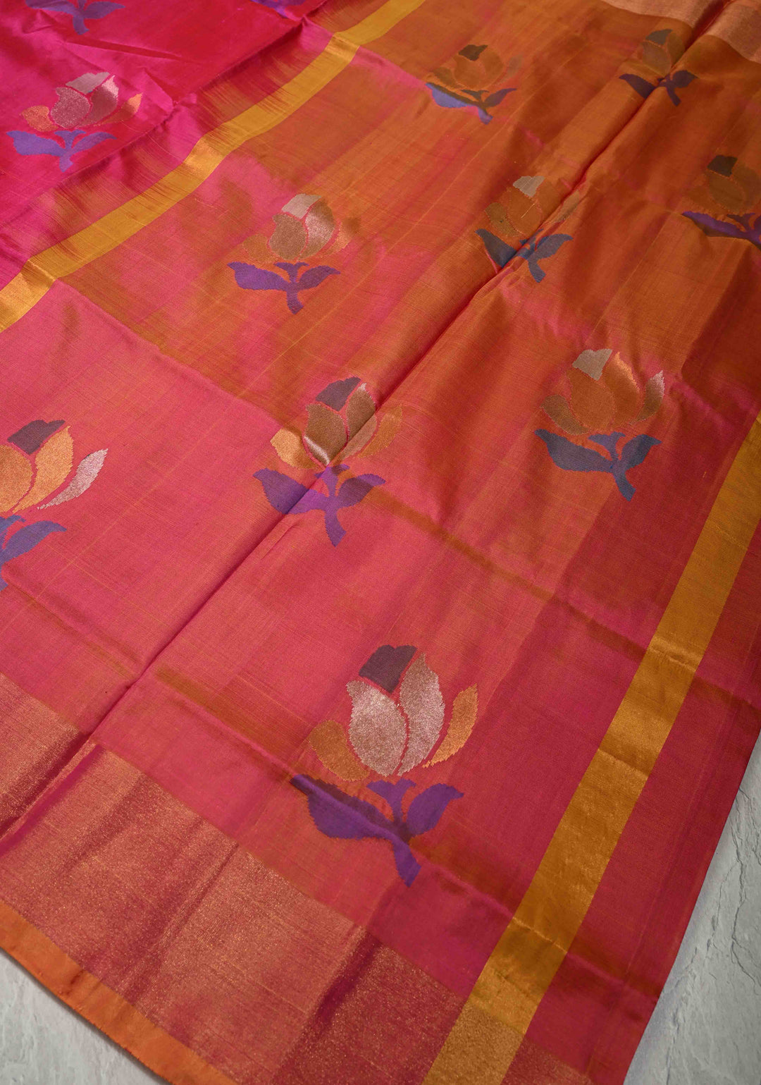 Pink Jamdani Weave Buttas on Uppada Handloom Silk Saree with Mustard and Tissue Border | SILK MARK CERTIFIED