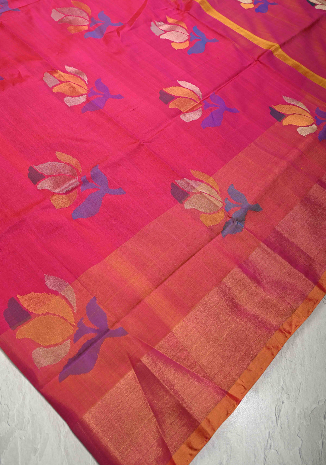 Pink Jamdani Weave Buttas on Uppada Handloom Silk Saree with Mustard and Tissue Border | SILK MARK CERTIFIED