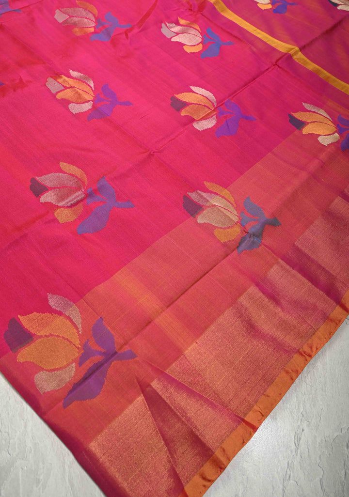 Pink Jamdani Weave Buttas on Uppada Handloom Silk Saree with Mustard and Tissue Border | SILK MARK CERTIFIED