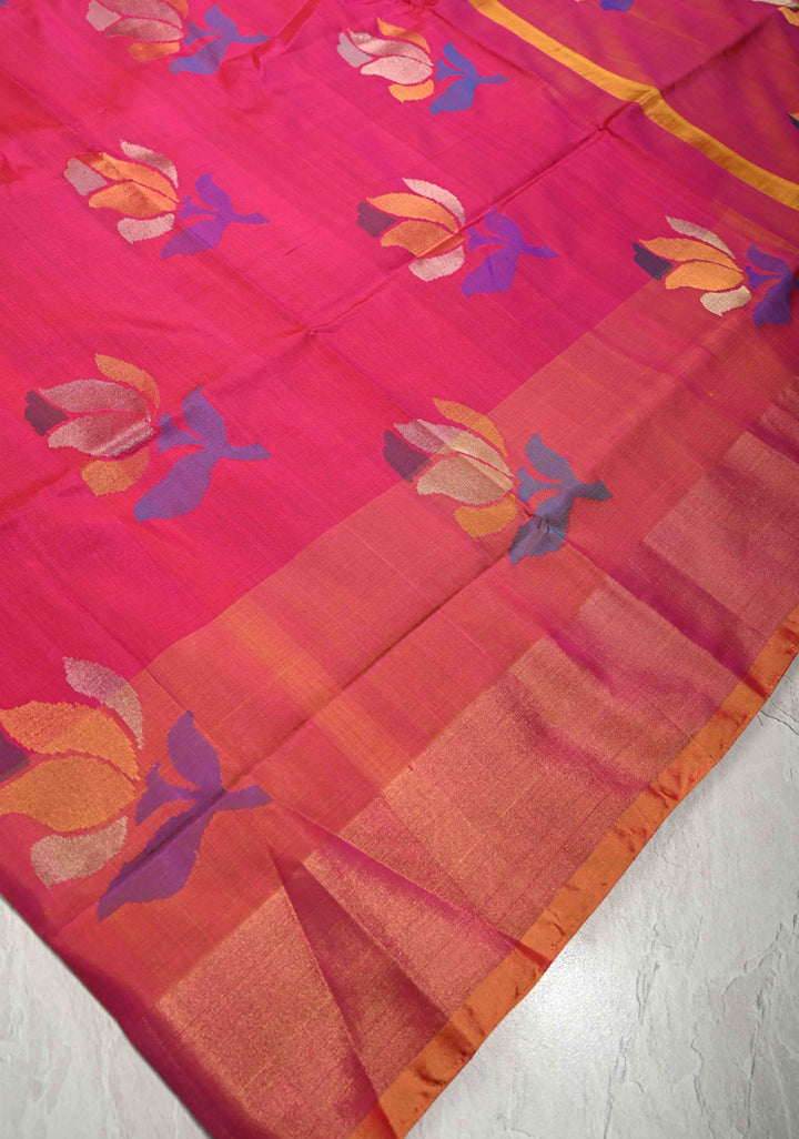Pink Jamdani Weave Buttas on Uppada Handloom Silk Saree with Mustard and Tissue Border | SILK MARK CERTIFIED