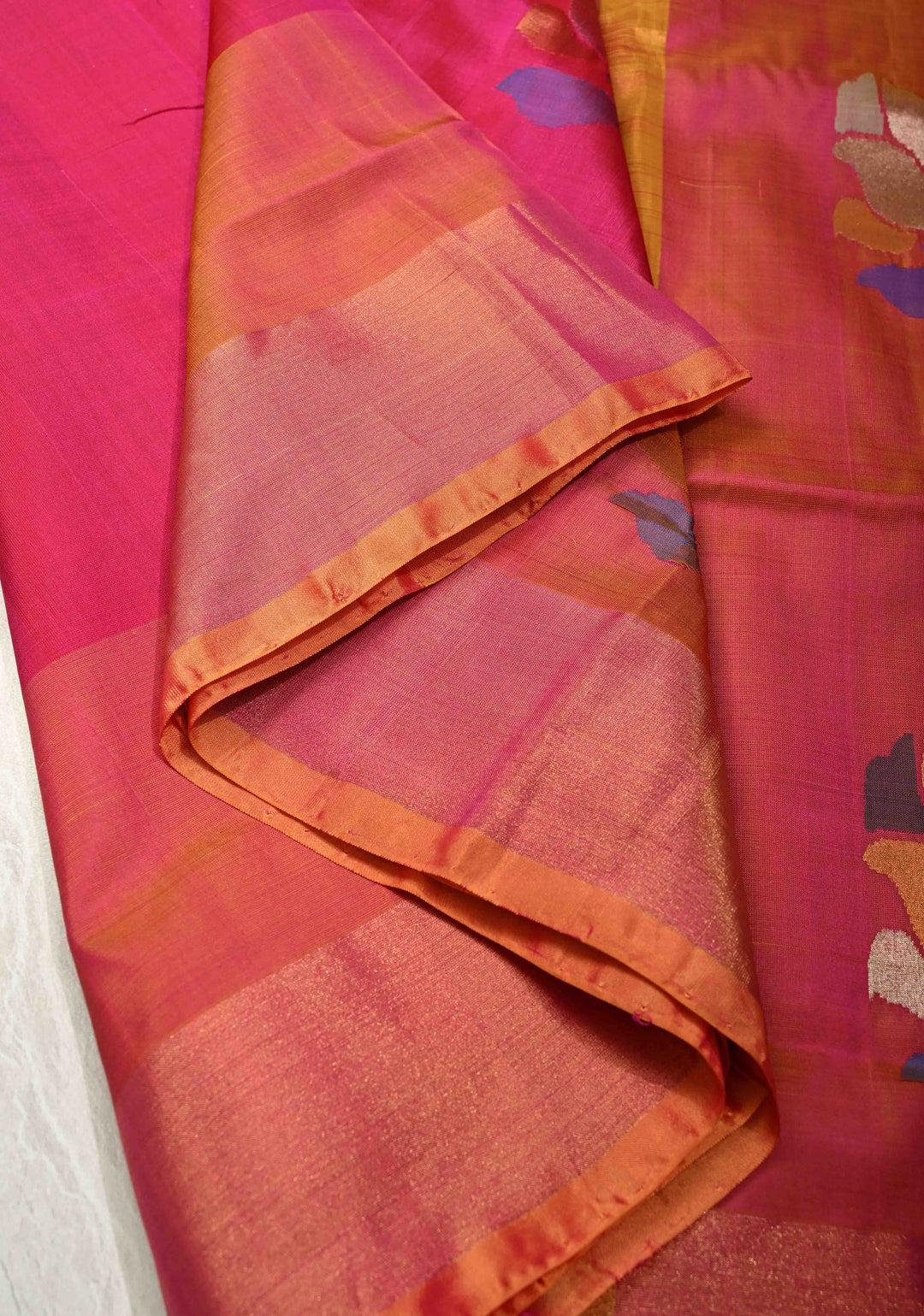 Pink Jamdani Weave Buttas on Uppada Handloom Silk Saree with Mustard and Tissue Border | SILK MARK CERTIFIED
