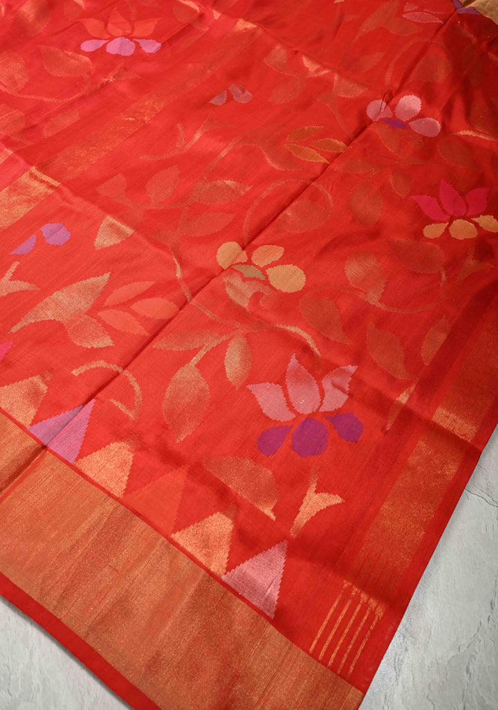Deep Red Uppada Handloom Silk Saree with Full Body Jamdani jaal and Tissue Border | SILK MARK CERTIFIED
