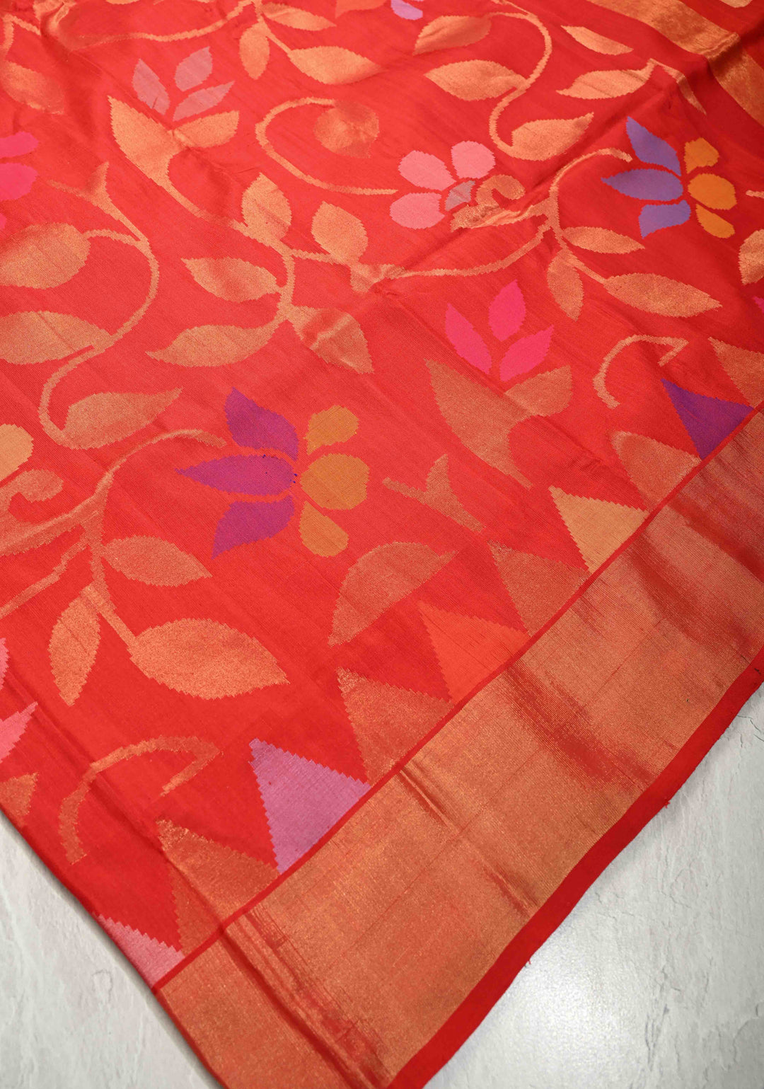Deep Red Uppada Handloom Silk Saree with Full Body Jamdani jaal and Tissue Border | SILK MARK CERTIFIED