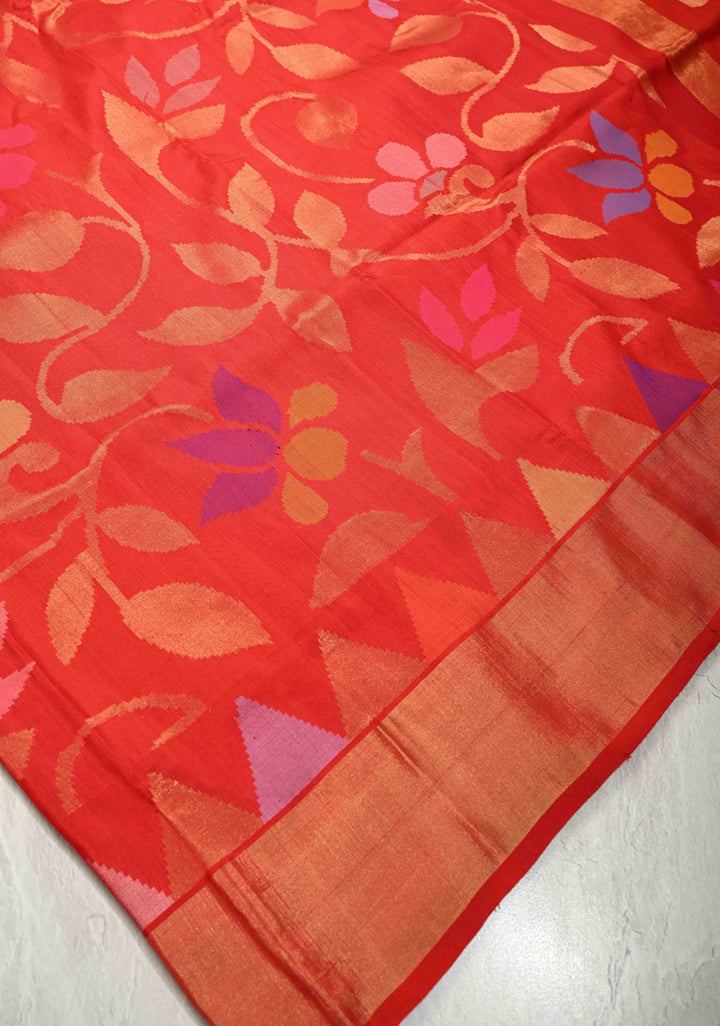 Deep Red Uppada Handloom Silk Saree with Full Body Jamdani jaal and Tissue Border | SILK MARK CERTIFIED