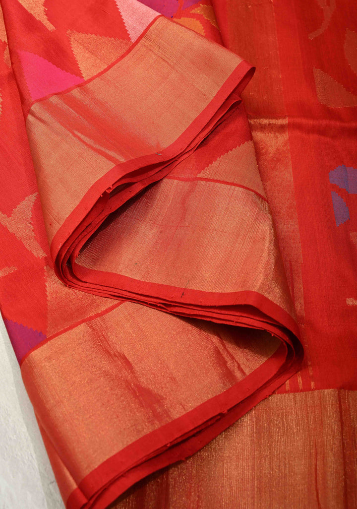 Deep Red Uppada Handloom Silk Saree with Full Body Jamdani jaal and Tissue Border | SILK MARK CERTIFIED