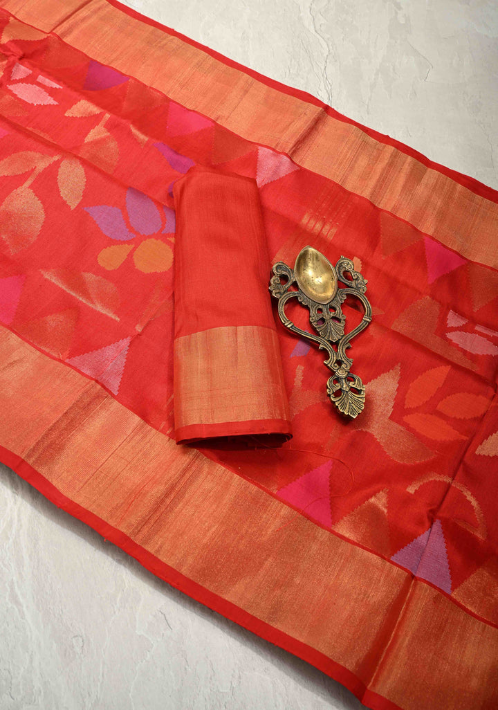 Deep Red Uppada Handloom Silk Saree with Full Body Jamdani jaal and Tissue Border | SILK MARK CERTIFIED