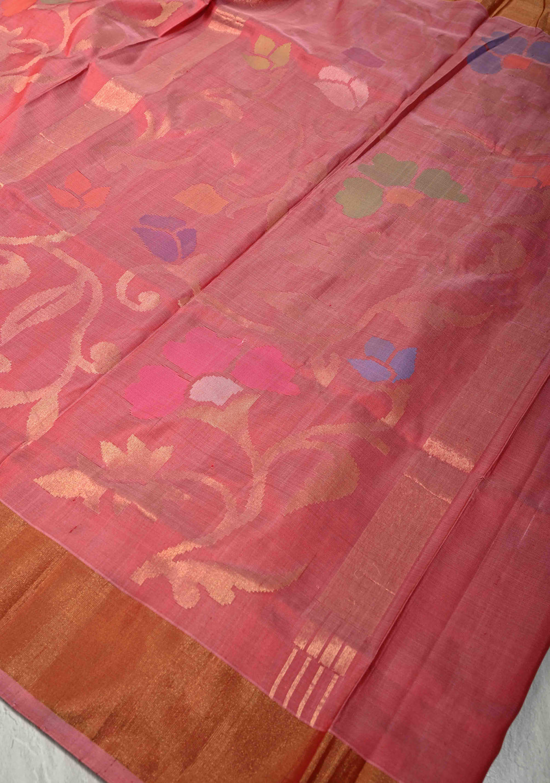 WoodRose Pink  Uppada Handloom Silk Saree with Full Body Jamdani jaal and Tissue Border | SILK MARK CERTIFIED