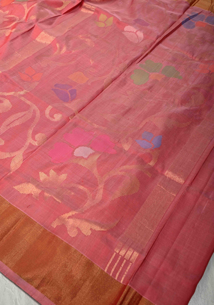 WoodRose Pink  Uppada Handloom Silk Saree with Full Body Jamdani jaal and Tissue Border | SILK MARK CERTIFIED