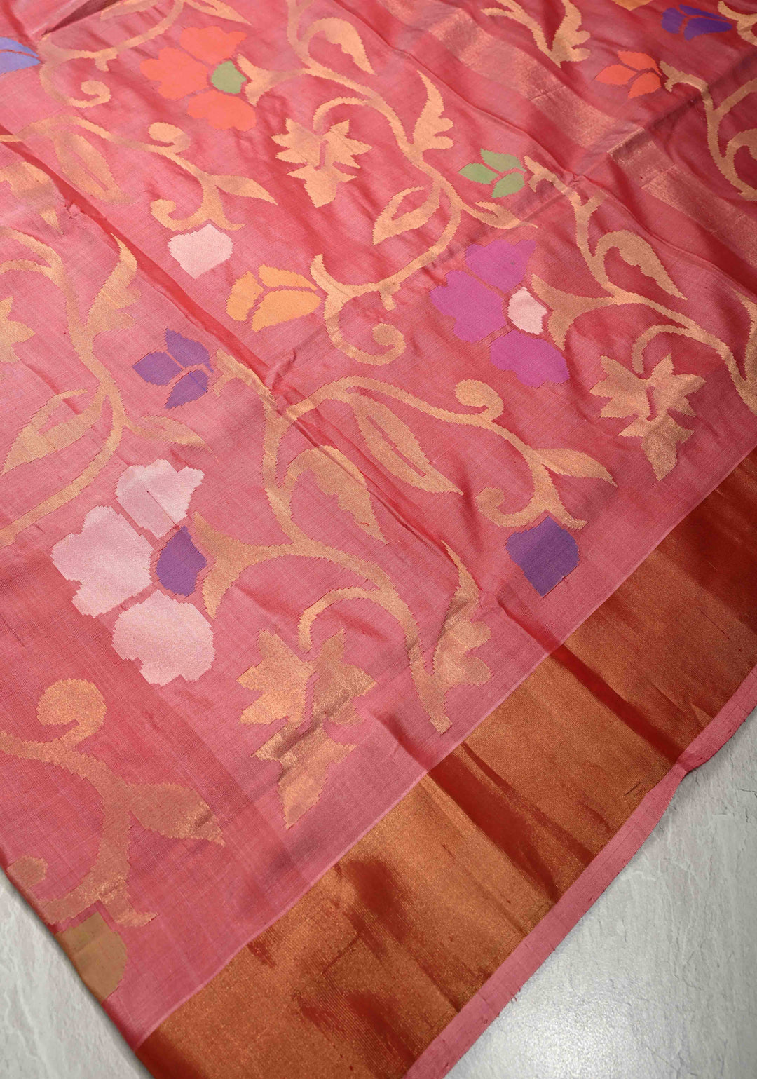 WoodRose Pink  Uppada Handloom Silk Saree with Full Body Jamdani jaal and Tissue Border | SILK MARK CERTIFIED